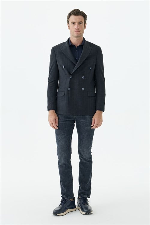 Lacivert Slim Fit Dik Yaka Kruvaze Ceket
