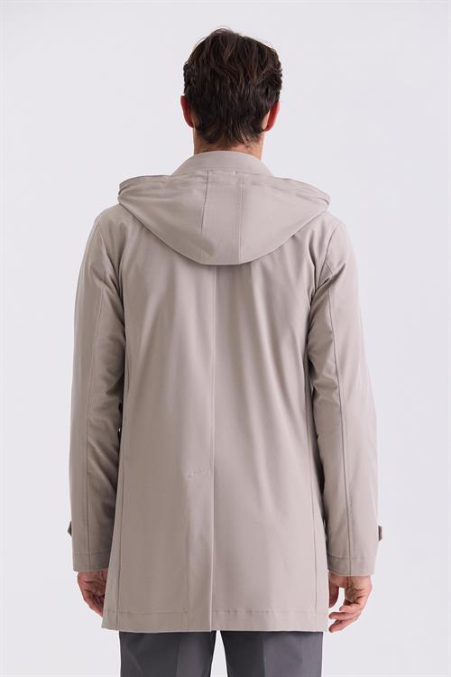 Bej Comfort Fit Kapüşonlu Gizli Fermuarlı Klasik Model Mont