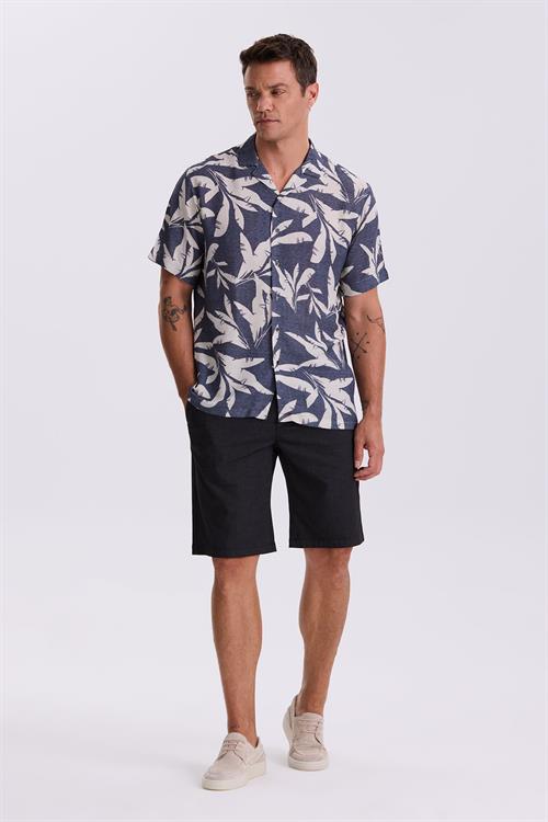 Lacivert Klasik Fit Apaş Yaka Desenli Rahat Kalıp Keten Karışımlı Kısa Kollu Gömlek 