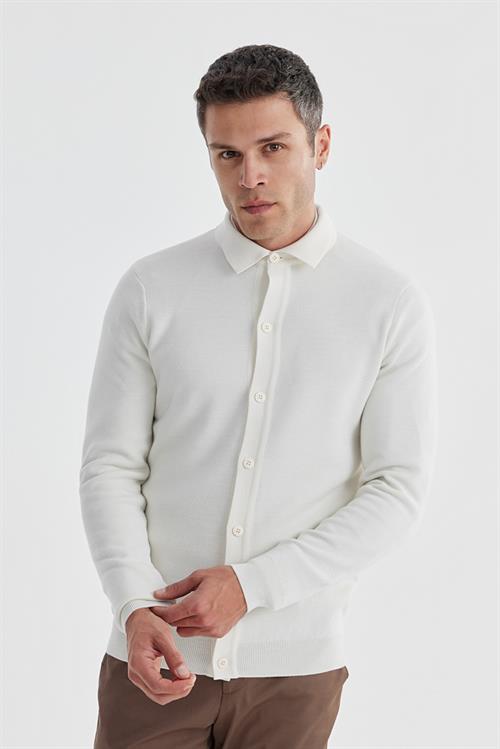 Ekru Slim Fit Yünlü Düğmeli Polo Yaka Triko
