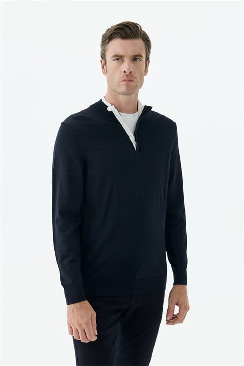 Lacivert Slim Fit Yünlü Fermuarlı Triko