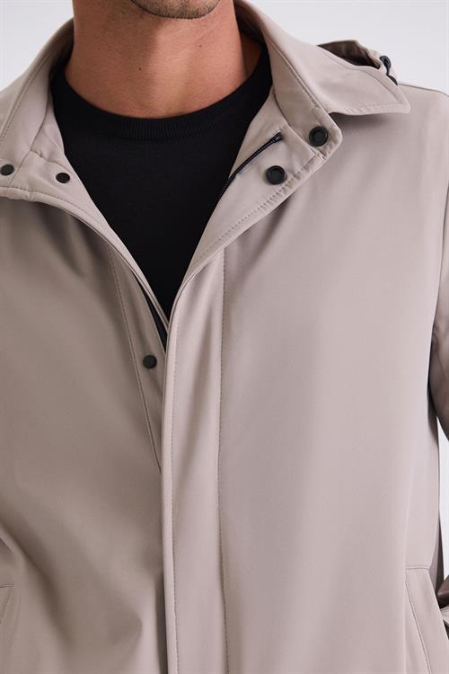 Bej Comfort Fit Kapüşonlu Gizli Fermuarlı Klasik Model Mont
