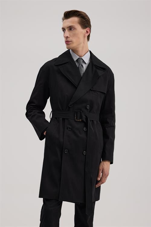 Siyah Comfort Fit Kruvaze Uzun Kemerli Trençkot