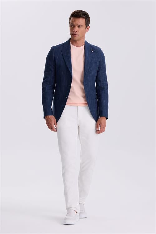 Lacivert Slim Fit Kırlangıç Yaka Çizgili Keten Pamuk Mevsimlik Ceket