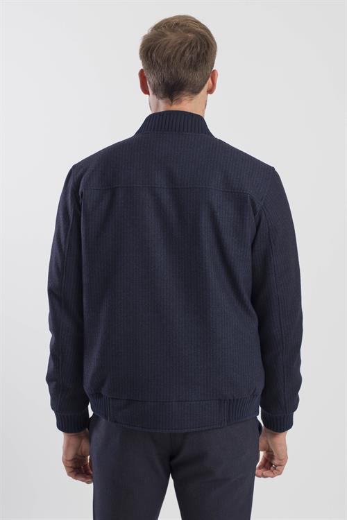 Lacivert Comfort Fit Kolej Yaka Çizgili Mont