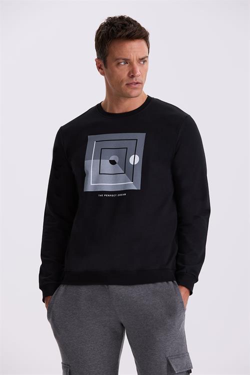 Siyah Slim Fit Bisiklet Yaka Baskılı %100 Pamuk Sweatshirt