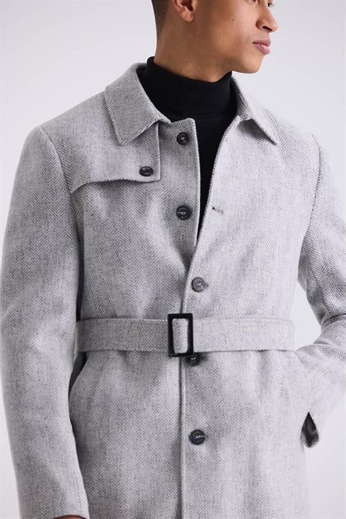 Gri Comfort Fit Berberi Yaka Balık Sırtı Desenli Kemerli Yünlü Kaban