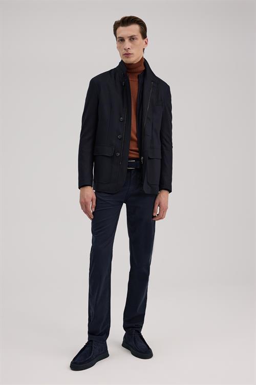 Lacivert Dar Kalıp - Slim Fit Ceket Mont Patlı