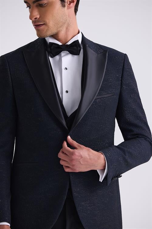 Koyu Lacivert Slim Fit Sivri Yaka Yelekli Smokin Takım Elbise