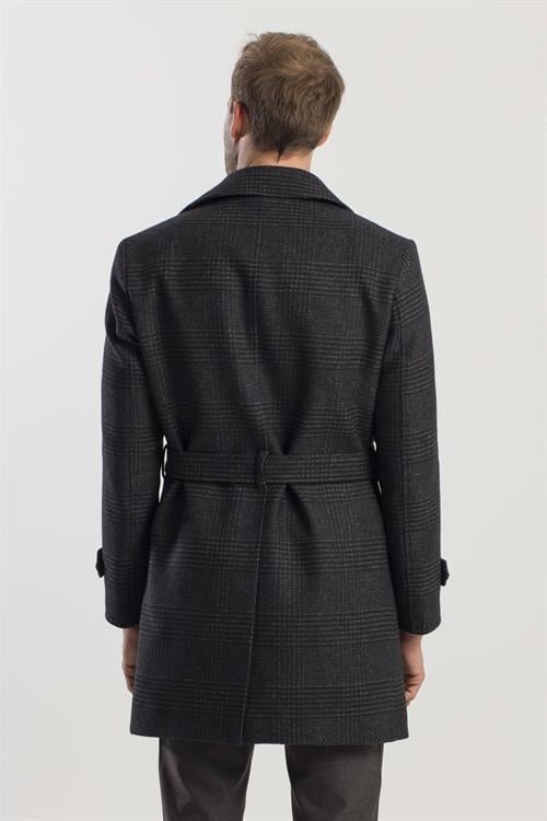 Siyah Slim Fit Gemici Yaka Ekoseli Yünlü Kaban