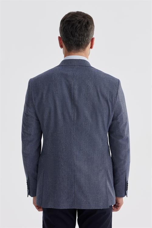 Lacivert Slim Fit Ekose Kareli Çift Yırtmaçlı Ceket