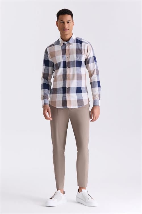 Kahve Slim Fit Kareli %100 Pamuk Gömlek