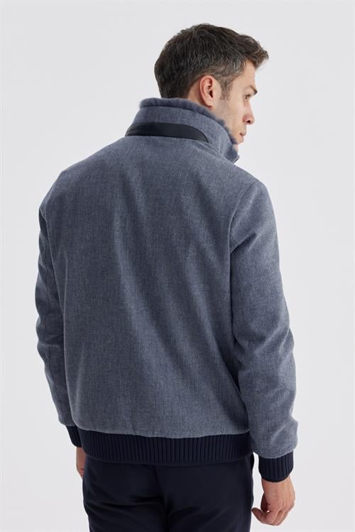 Lacivert Comfort Fit Kürklü yaka Yünlü Mont