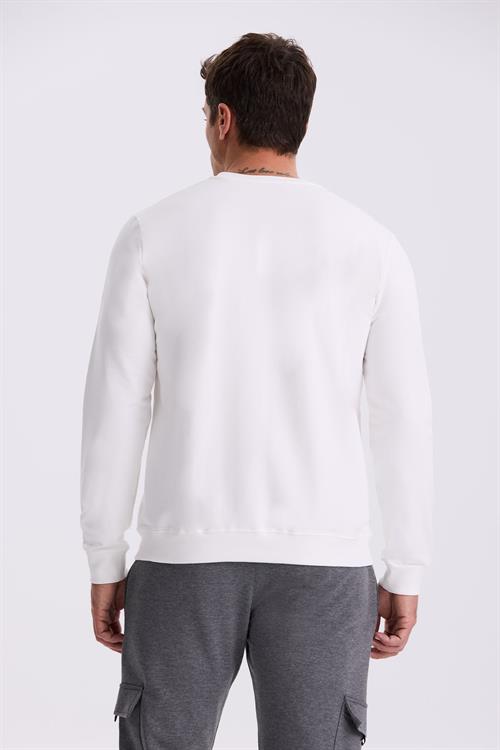 Ekru Slim Fit Bisiklet Yaka Baskılı %100 Pamuk Sweatshirt