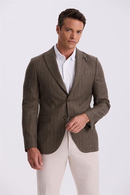 Kahve Slim Fit Kırlangıç Yaka Çizgili Keten Pamuk Mevsimlik Ceket