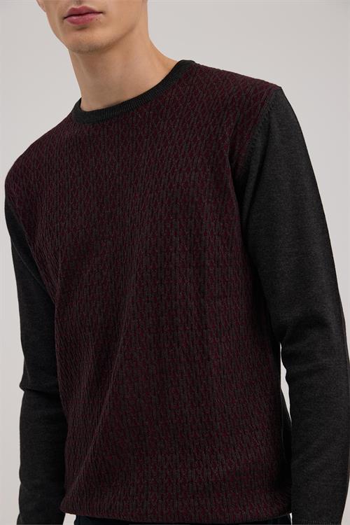 Füme Bordo Klasik Fit Bisiklet Yaka Desenli Triko