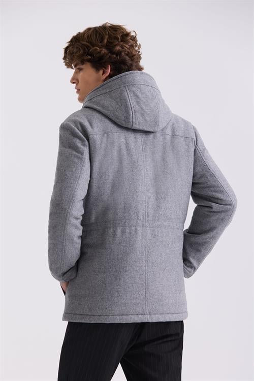 Grı Comfort Fit Kapüşonlu Yünlü Mont