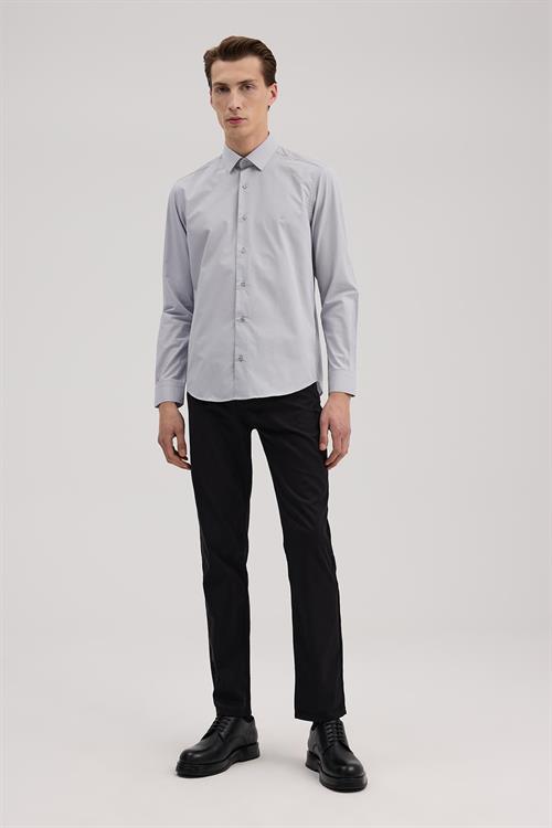 Gri Slim Fit İtalyan Yaka Klasik Kravatlık Pamuklu Gömlek