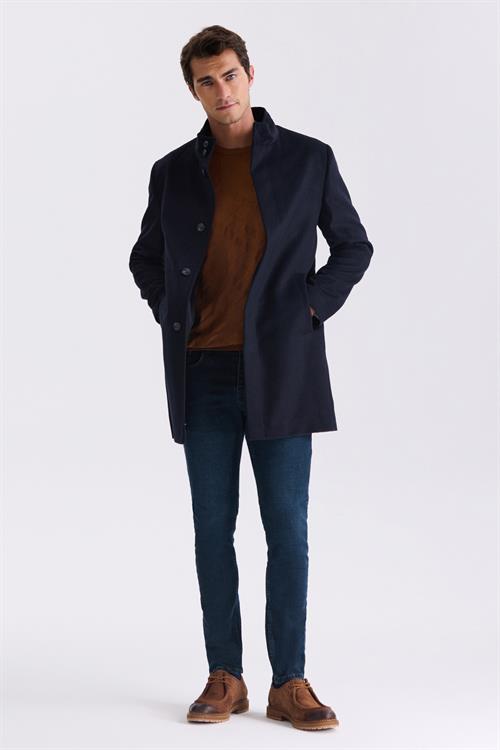 Koyu Lacivert Slim Fit Dik Yaka Balık Sırtı Desenli Yünlü Spor Kaban