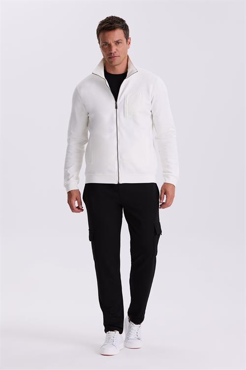 Ekru Slim Fit Fermuarlı Pamuklu Likralı Eşofman Üstü