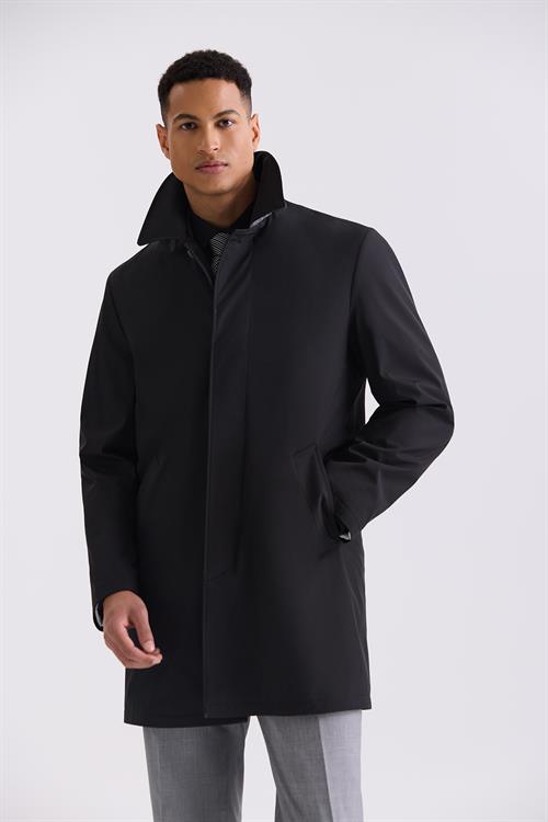 Siyah Comfort Fit Berberi Yaka Gizli Düğmeli Mont