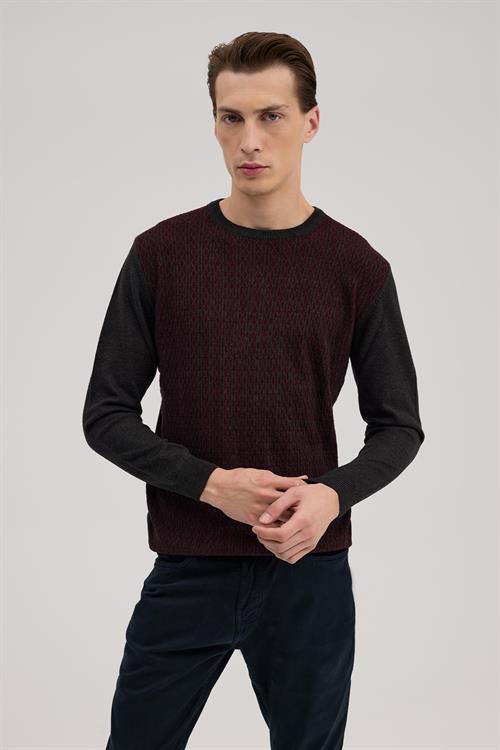 Füme Bordo Klasik Fit Bisiklet Yaka Desenli Triko