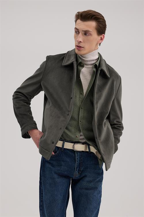 Haki Comfort Fit Klasik Yaka Kadife Mont