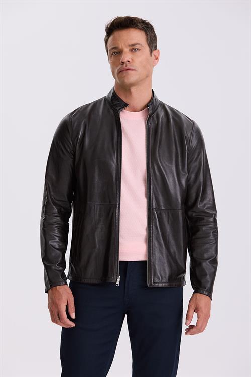 Lacivert Comfort Fit Dik Yaka Çift Taraflı %100 Deri Mont