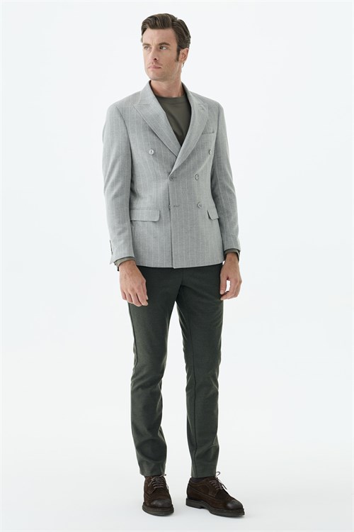Gri Slim Fit Dik Yaka Kruvaze Ceket