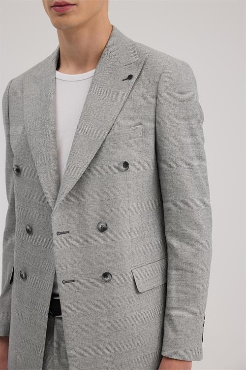 Gri Dar Kalıp - Slim Fit Takım Elbise Kruvaze