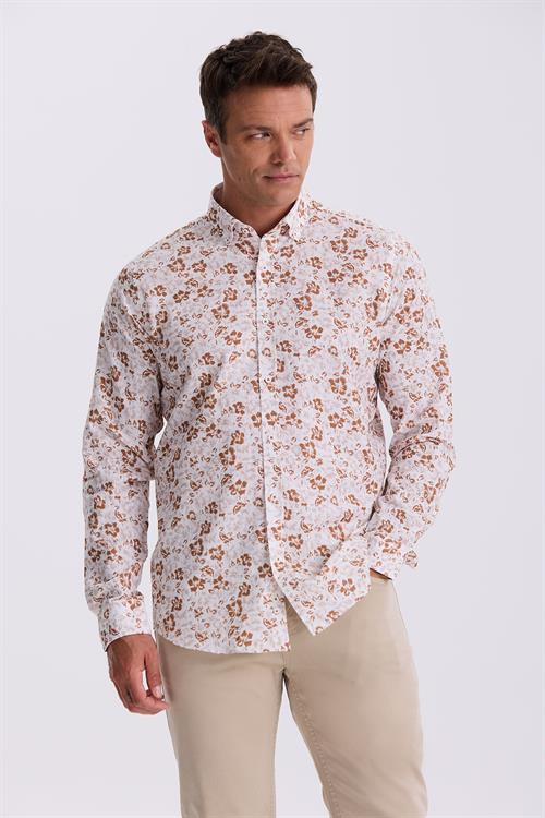 Kahve Çiçek Desenli Yaka Düğmeli Comfort Fit Gömlek