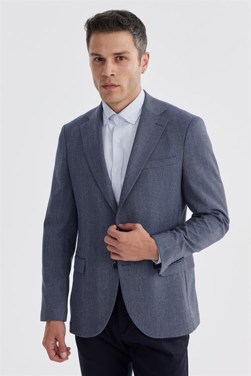 Lacivert Slim Fit Ekose Kareli Çift Yırtmaçlı Ceket