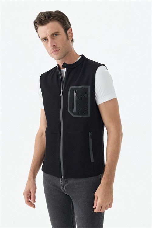 Siyah Slim Fit Cepli Pamuklu Yelek