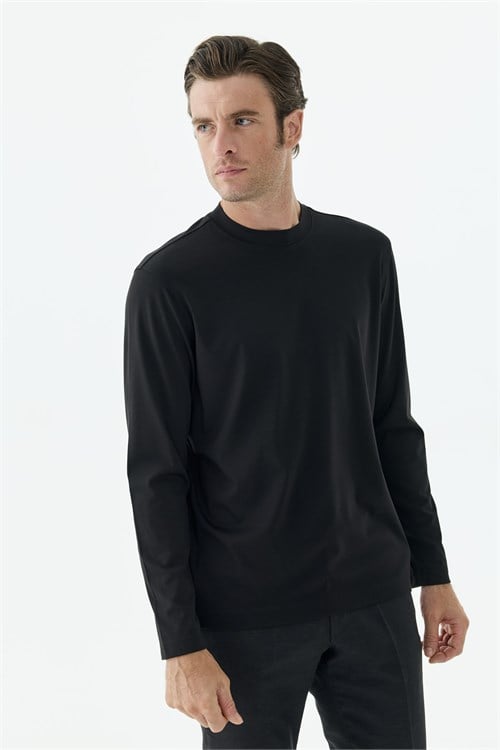 Siyah Comfort Fit Rayon Karışımlı Bisiklet Yaka Sweatshirt