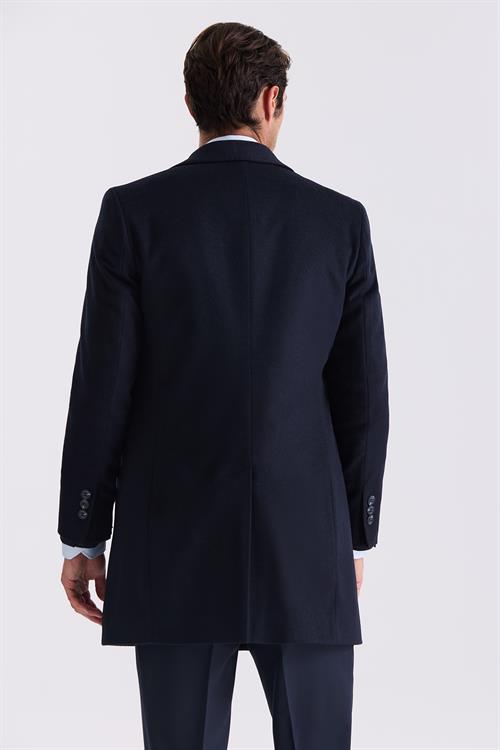 Koyu Lacivert Comfort Fit Sivri Yaka Balık Sırtı Desenli Yünlü Kaşe Kaban