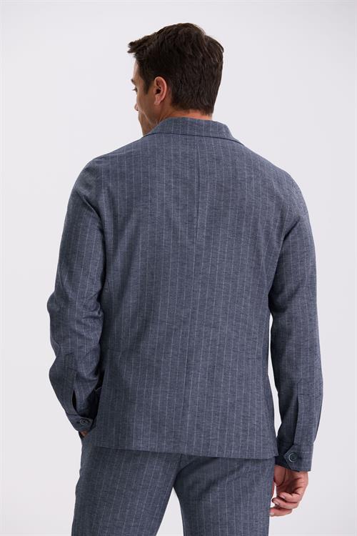 Lacivert Slim Fit Apaş Yaka Keten Karışımlı Çift Yırtmaçlı Çizgili Takım Elbise