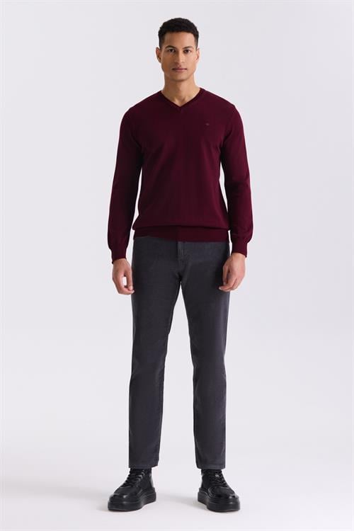 Bordo Slim Fit V Yaka Triko Kazak