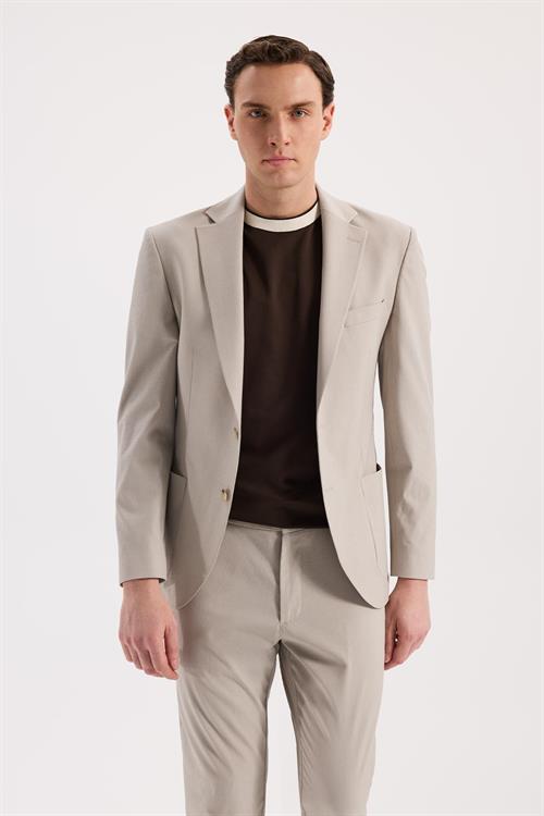 Bej Dar Kalıp - Slim Fit Ceket Mono Yaka