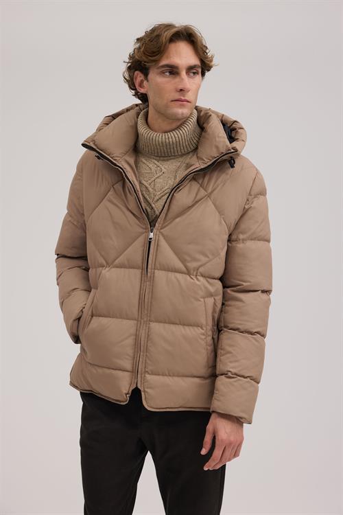 Bej Rahat Kalıp - Comfort Fit Mont Kapüşonlu