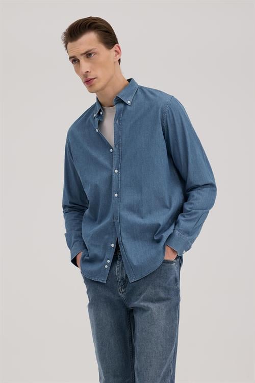 Lacivert Comfort Fit %100 Pamuk Denim Gömlek