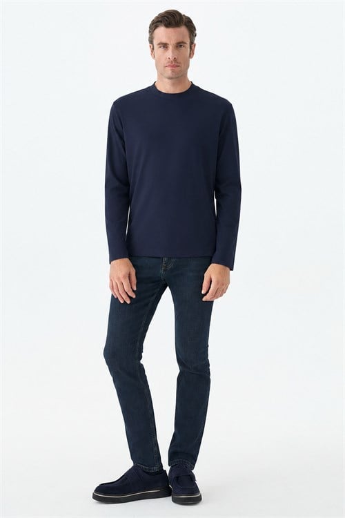 Lacivert Comfort Fit Rayon Karışımlı Bisiklet Yaka Sweatshirt