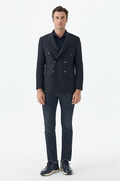 Lacivert Slim Fit Dik Yaka Kruvaze Ceket