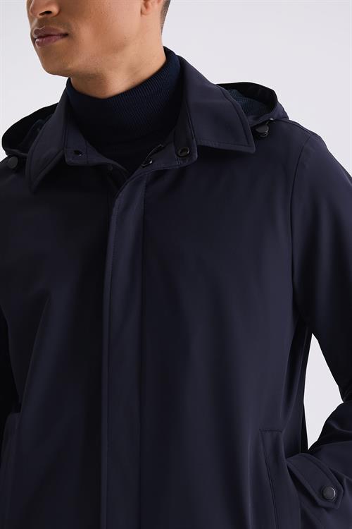 Lacivert Comfort Fit Kapüşonlu Gizli Fermuarlı Klasik Model Mont