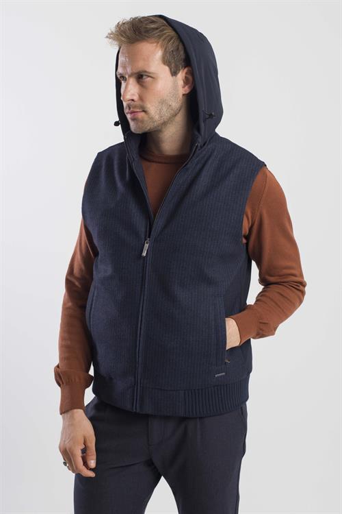 Lacivert Comfort Fit Desenli Çıkarılabilir Kapüşonlu Yelek