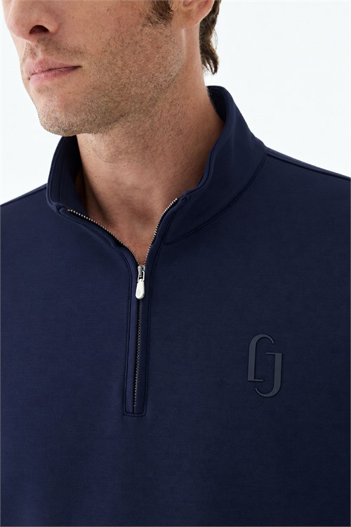 Lacivert Comfort Fit Fermuarlı Dik Yaka Rayon Sweatshirt