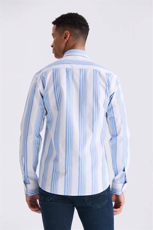 Mavi Slim Fit Çizgili %100 Pamuk Gömlek
