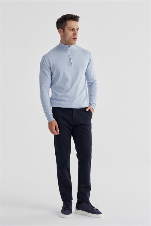 Açık Mavi Slim Fit Fermuarlı Dik Yaka Triko Kazak