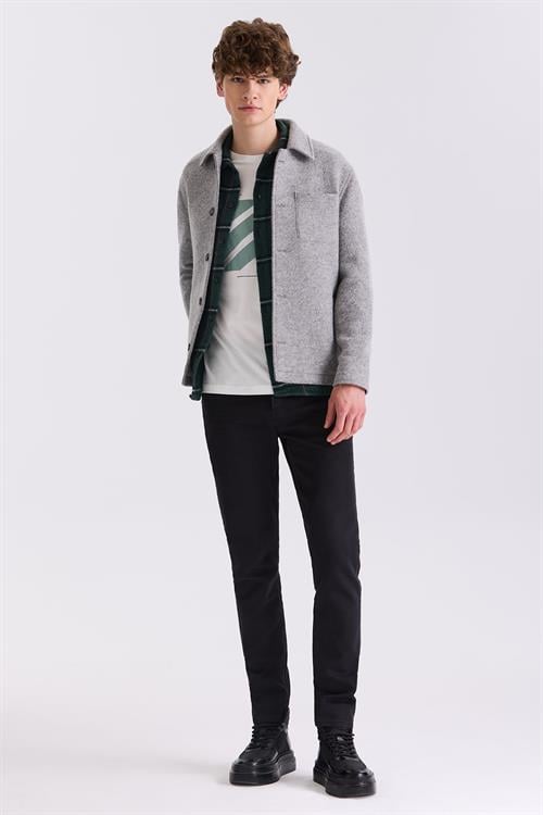 Gri Slim Fit Berberi Yaka Yünlü Kaşe Kaban