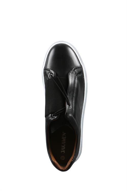 Siyah %100 Deri Dikişli Taban Lastikli Sneaker Ayakkabı