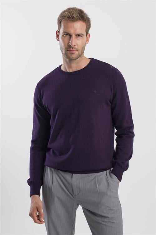 Mor Slim Fit Bisiklet Yaka Triko Kazak